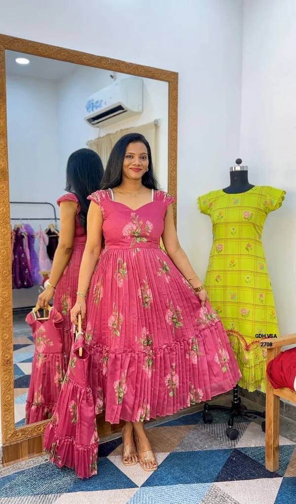Palak Floral Ruffle Maxi Gown- Rose Pink